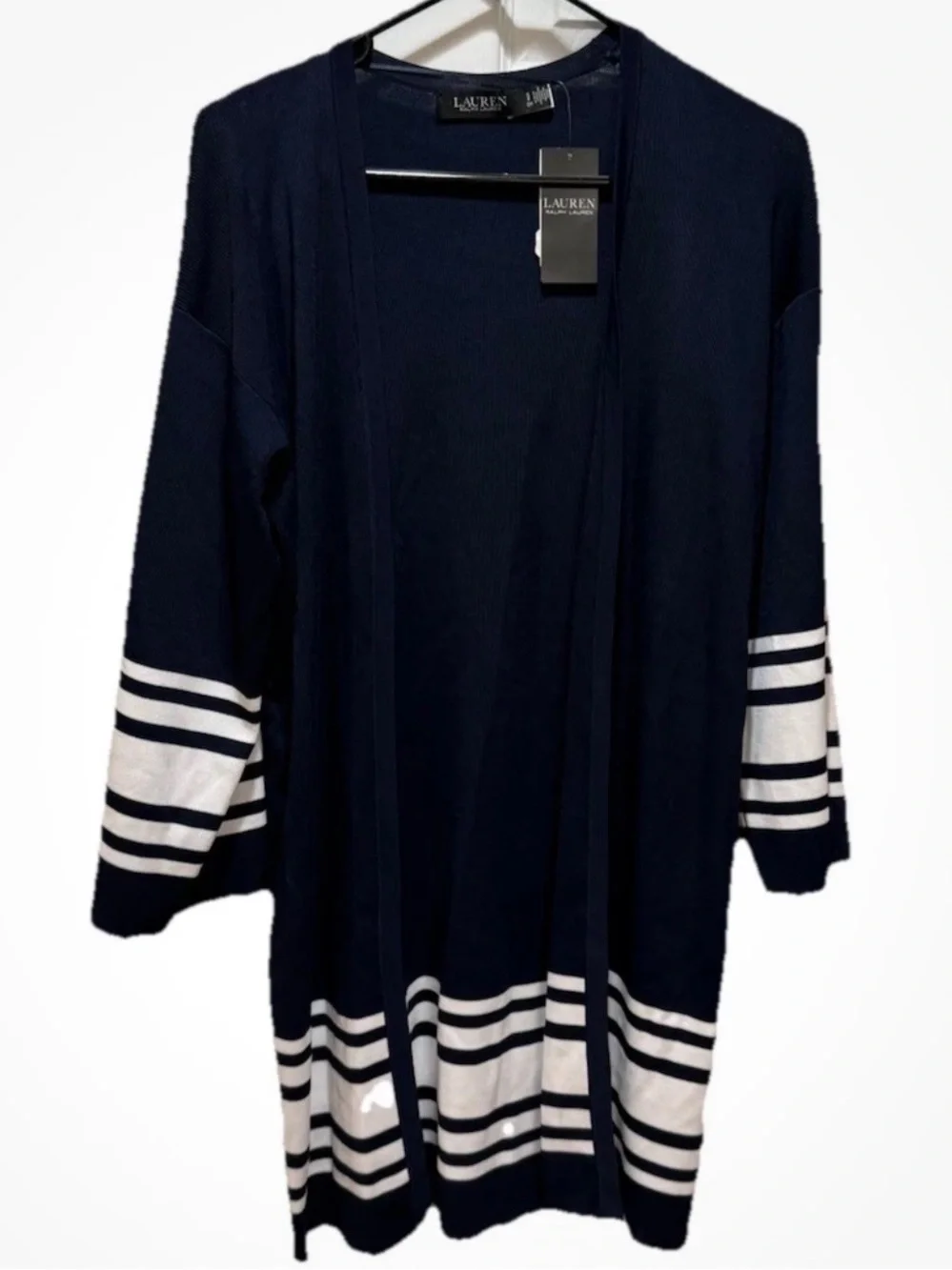 Lauren Ralph Lauren Open Cardigan Long SM Navy White Stripe Solid NWT MSRP $225 - Picture 3 of 15